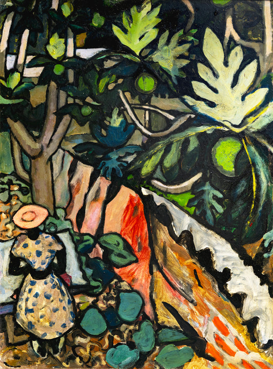Artistic depiction of a woman in a dress among tropical foliage